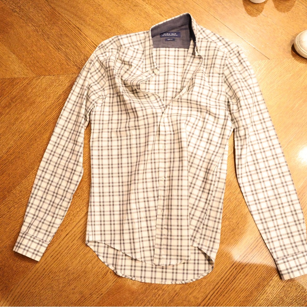 Zara White and Black Casual Button Down Shirt